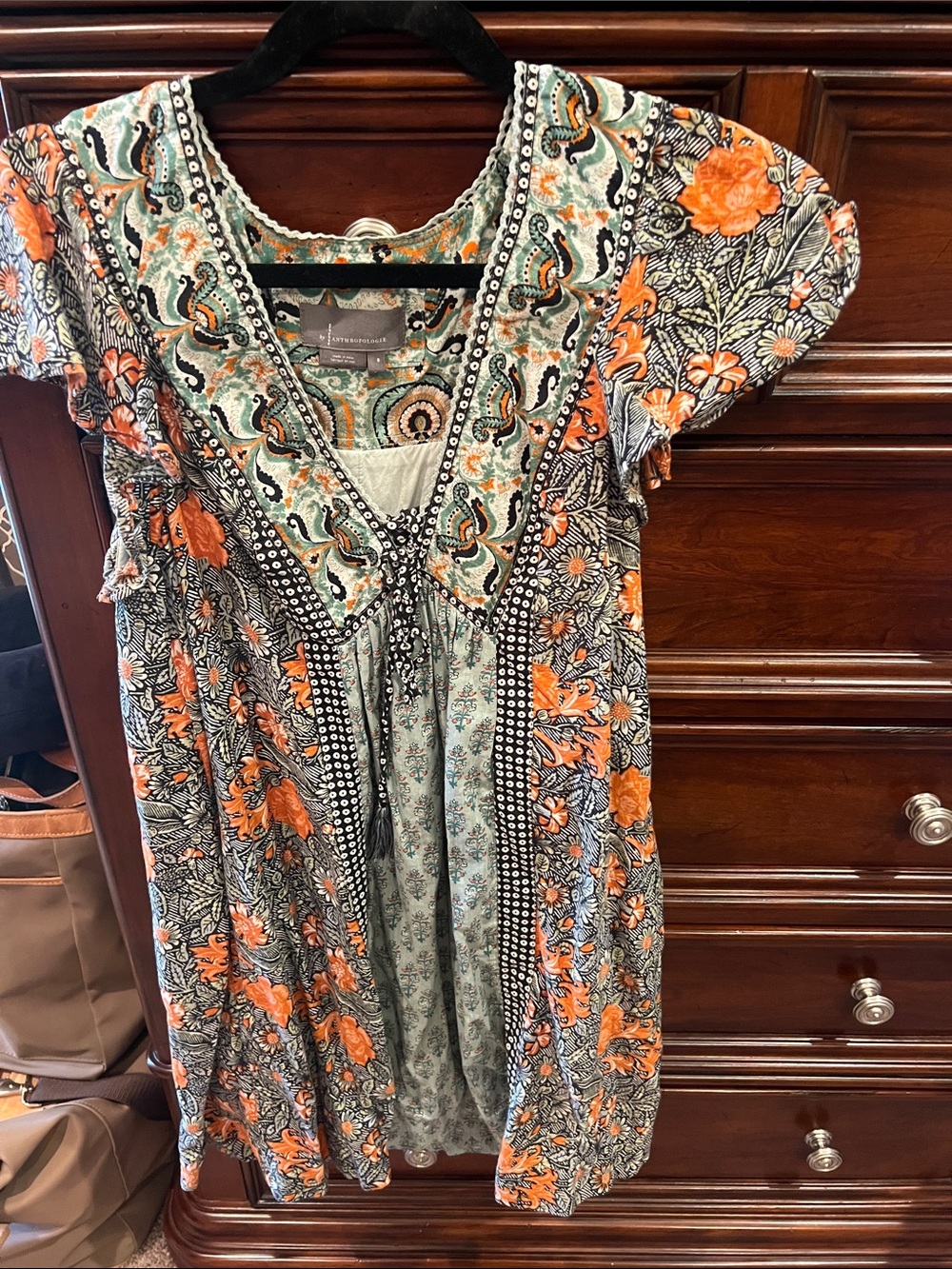 Anthropologie Mixed Floral Boho Tunic Dress in Orange & Sage